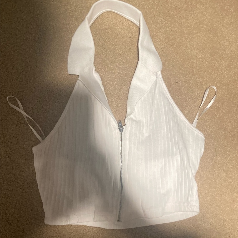 White Halter Crop Top Zip Up with collared neckline - Picture 3 of 5